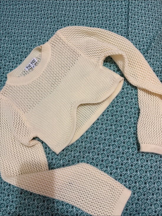 Sweaters - Cream Open-Knit Cropped Crewneck Sweater